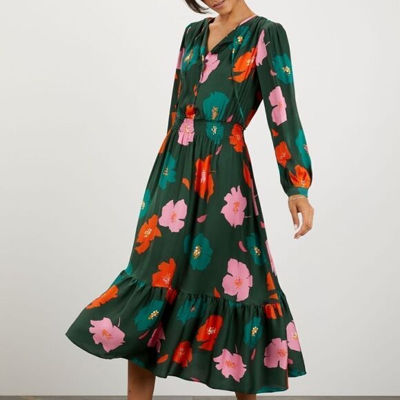 Tucker Juliette Dress in Charmeuse Evergreen Poppies Emerald Floral Silk - Picture 1 of 4